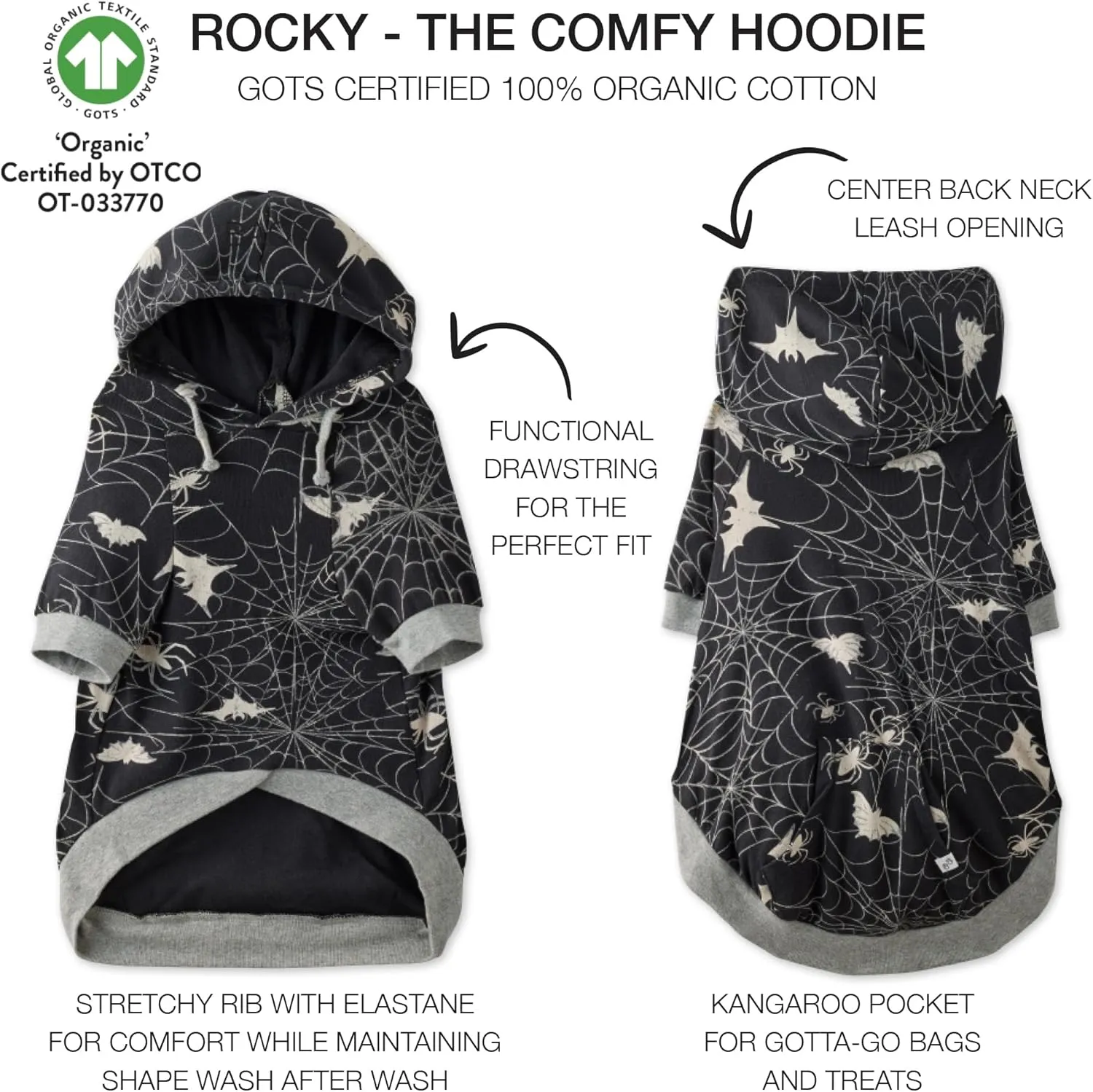 100% Organic Cotton Rocky - The Comfy Dog Hoodie Pet Coat for Small, Medium and Large Dogs, Batty Black, Small