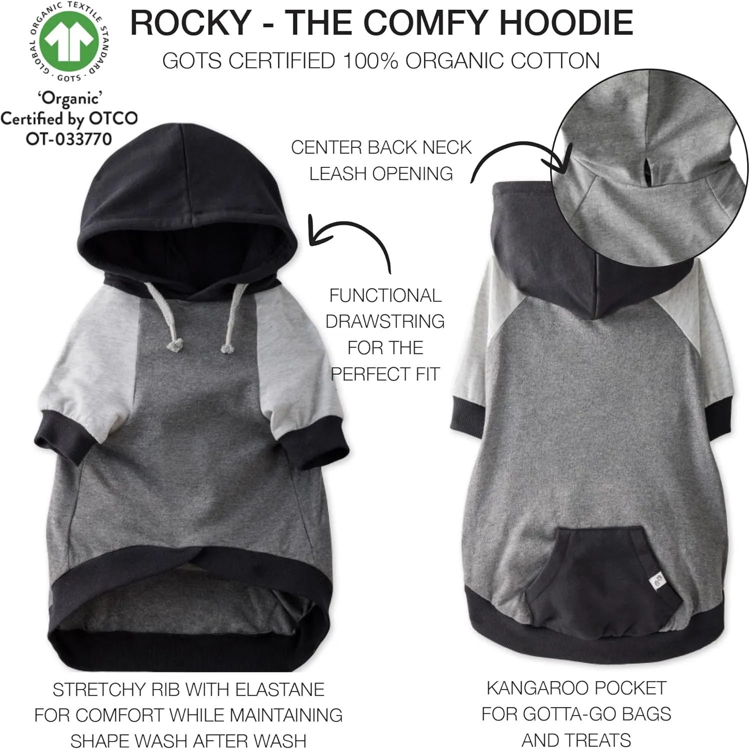 100% Organic Cotton Rocky - The Comfy Dog Hoodie Pet Coat for Small, Medium and Large Dogs, Black Color Block, Small