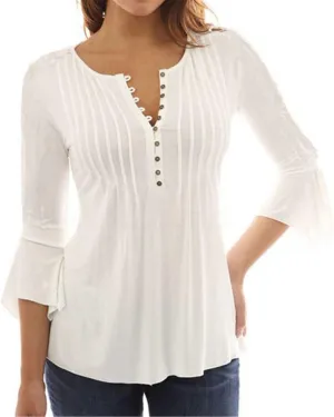 Andongnywell Women's Tunic Top Loose Long Sleeve V Neck Button Up Pleated Shirts Blouse T Shirt Tops
