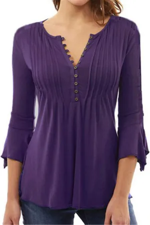 Andongnywell Women's Tunic Top Loose Long Sleeve V Neck Button Up Pleated Shirts Blouse T Shirt Tops