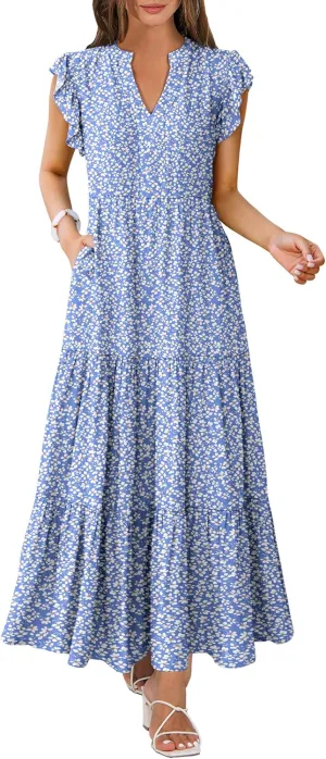 ANRABESS Womens Summer Casual Maxi Dress V Neck Ruffle Sleeve Long Dresses Fashion Flowy Tiered Boho Beach Vacation Sundress