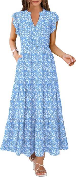 ANRABESS Womens Summer Casual Maxi Dress V Neck Ruffle Sleeve Long Dresses Fashion Flowy Tiered Boho Beach Vacation Sundress