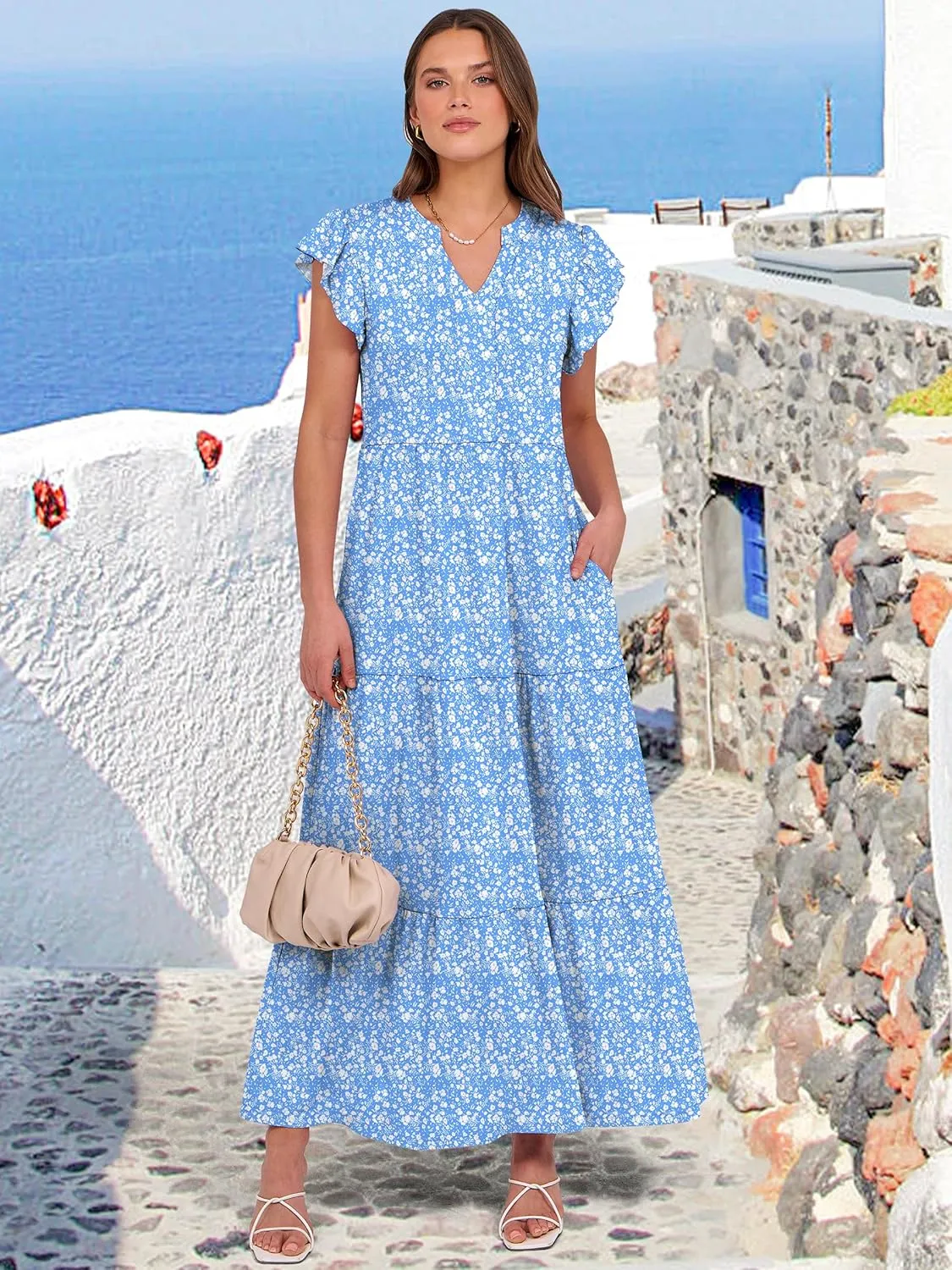 ANRABESS Womens Summer Casual Maxi Dress V Neck Ruffle Sleeve Long Dresses Fashion Flowy Tiered Boho Beach Vacation Sundress