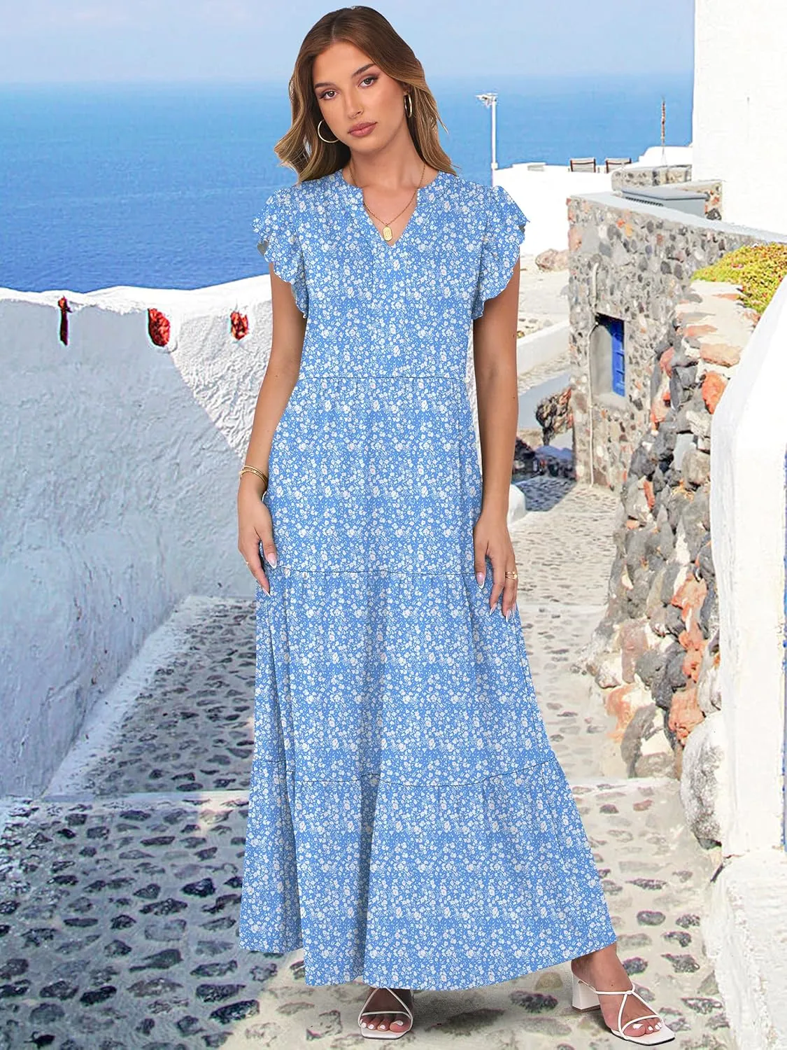 ANRABESS Womens Summer Casual Maxi Dress V Neck Ruffle Sleeve Long Dresses Fashion Flowy Tiered Boho Beach Vacation Sundress