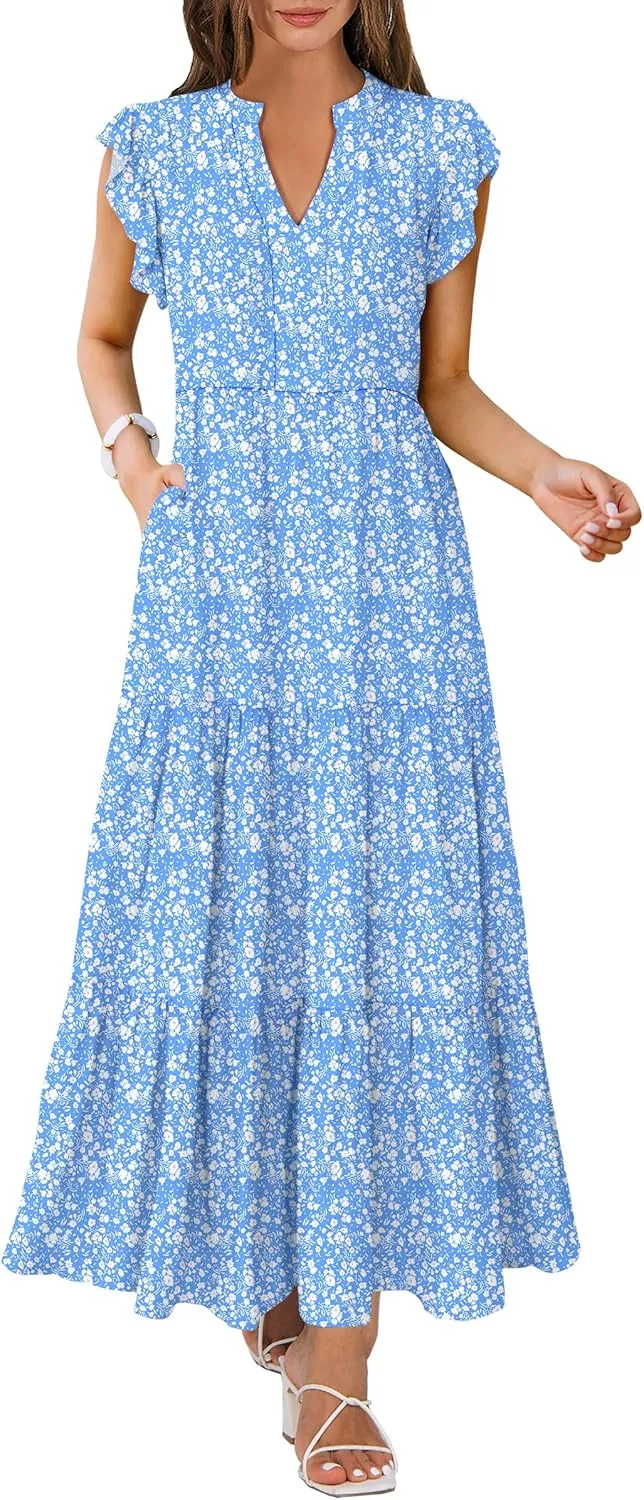 ANRABESS Womens Summer Casual Maxi Dress V Neck Ruffle Sleeve Long Dresses Fashion Flowy Tiered Boho Beach Vacation Sundress