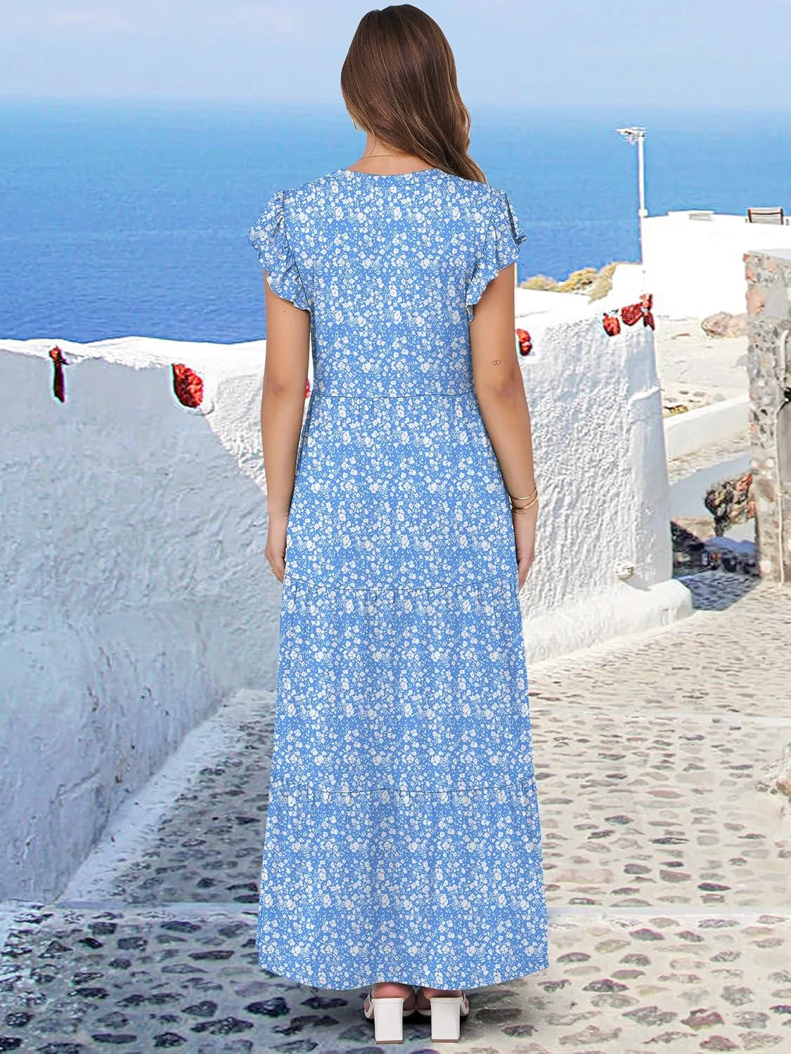 ANRABESS Womens Summer Casual Maxi Dress V Neck Ruffle Sleeve Long Dresses Fashion Flowy Tiered Boho Beach Vacation Sundress