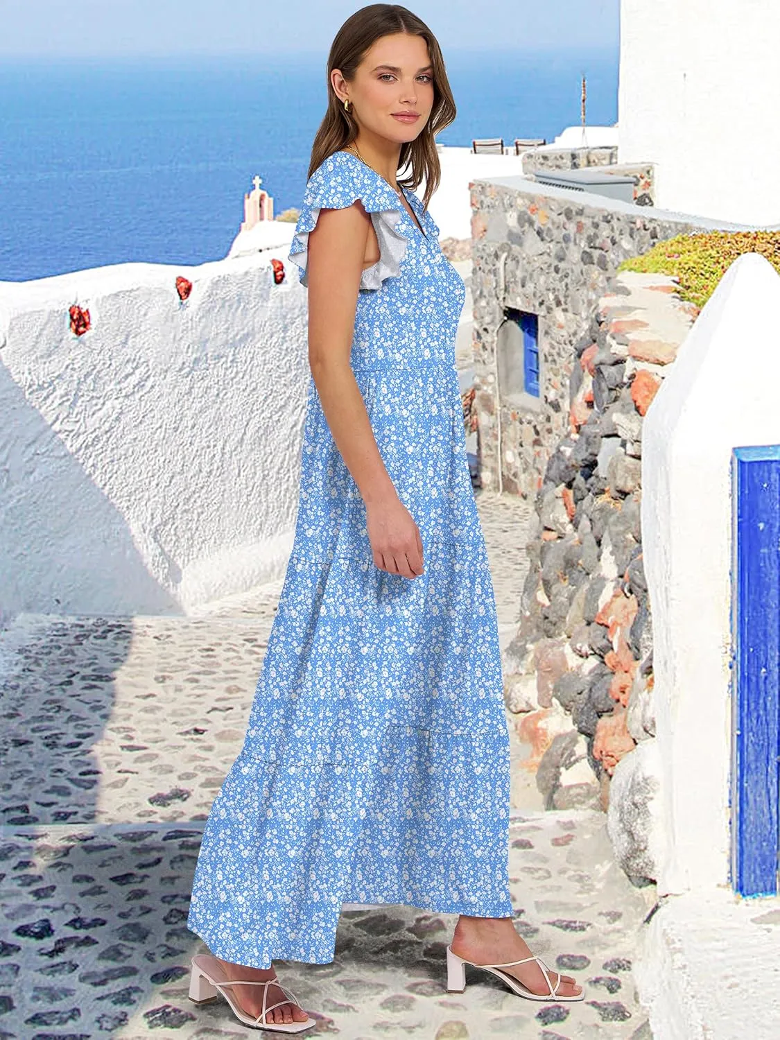 ANRABESS Womens Summer Casual Maxi Dress V Neck Ruffle Sleeve Long Dresses Fashion Flowy Tiered Boho Beach Vacation Sundress