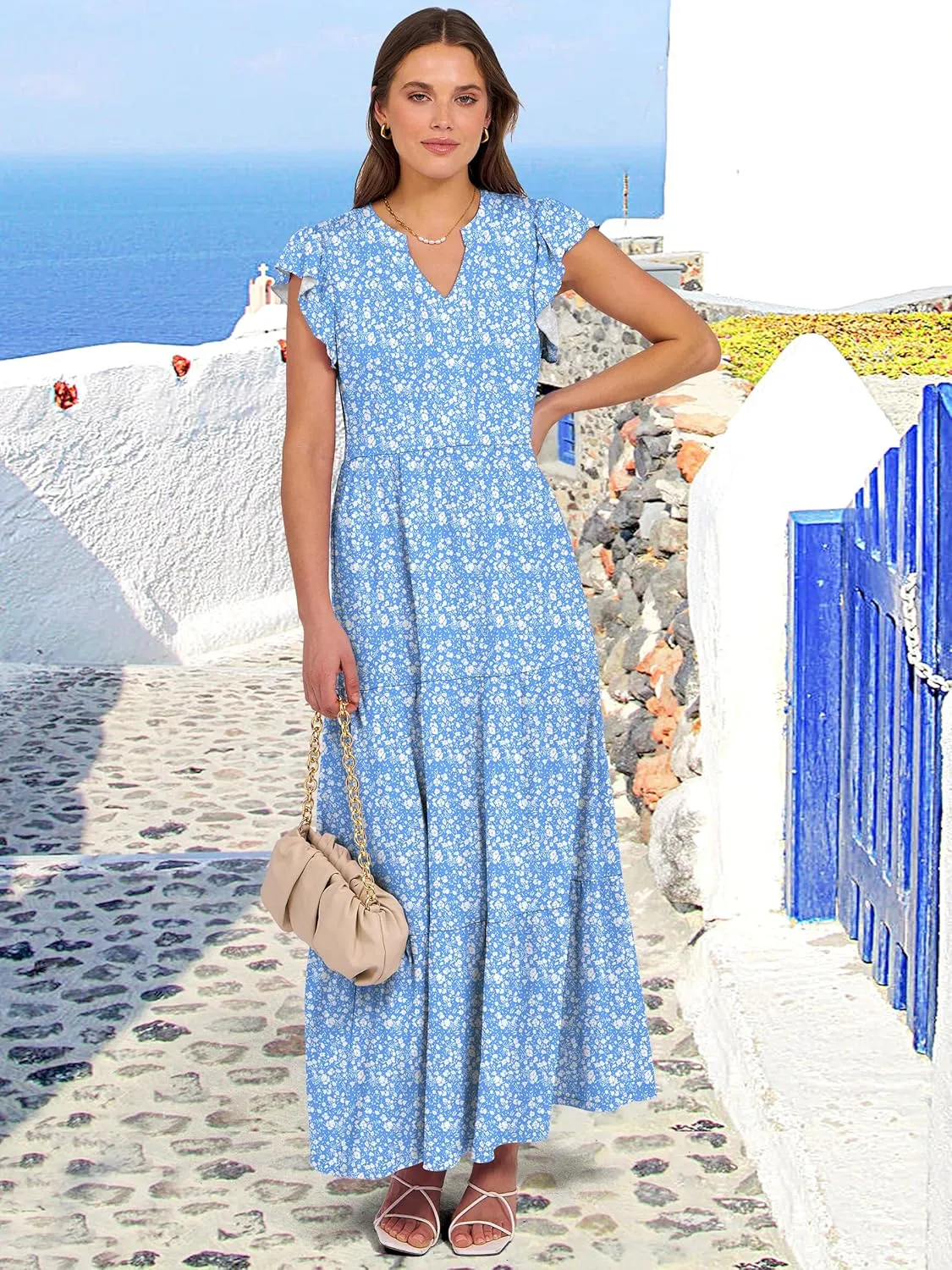 ANRABESS Womens Summer Casual Maxi Dress V Neck Ruffle Sleeve Long Dresses Fashion Flowy Tiered Boho Beach Vacation Sundress