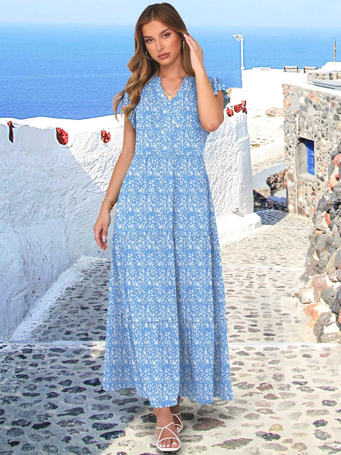 ANRABESS Womens Summer Casual Maxi Dress V Neck Ruffle Sleeve Long Dresses Fashion Flowy Tiered Boho Beach Vacation Sundress