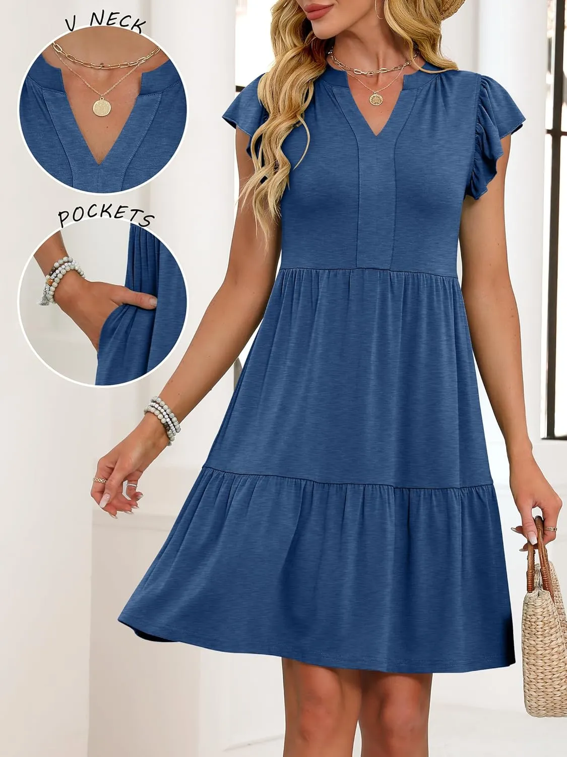 ANRABESS Womens Summer Casual Mini Dress Ruffle Sleeve V Neck Sundress 2025 Fashion Flowy Tiered Boho Beach Vacation Dresses