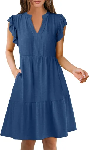 ANRABESS Womens Summer Casual Mini Dress Ruffle Sleeve V Neck Sundress 2025 Fashion Flowy Tiered Boho Beach Vacation Dresses