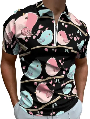 Birds In Love Trendy Polo Shirts for Men Short Sleeve Lapel Collar Zipper T-Shirts Outdoor Sports M