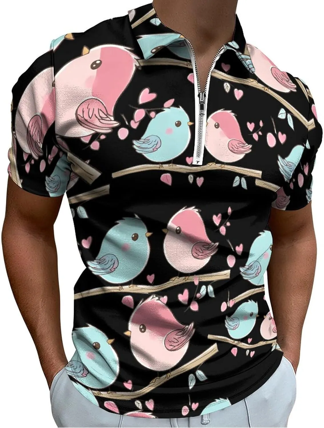 Birds In Love Trendy Polo Shirts for Men Short Sleeve Lapel Collar Zipper T-Shirts Outdoor Sports M