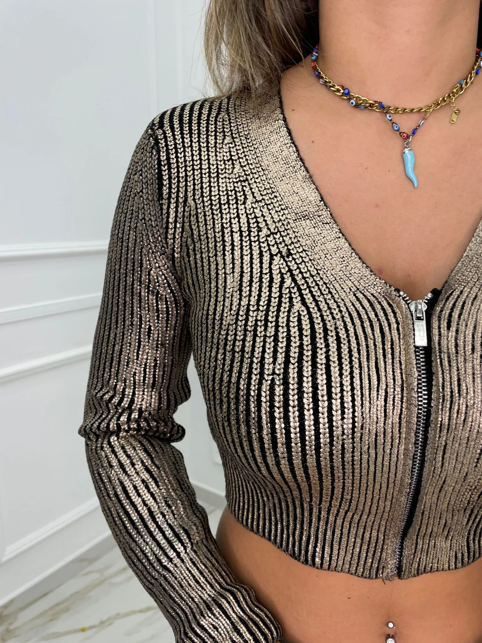 Cardigan laminato con zip