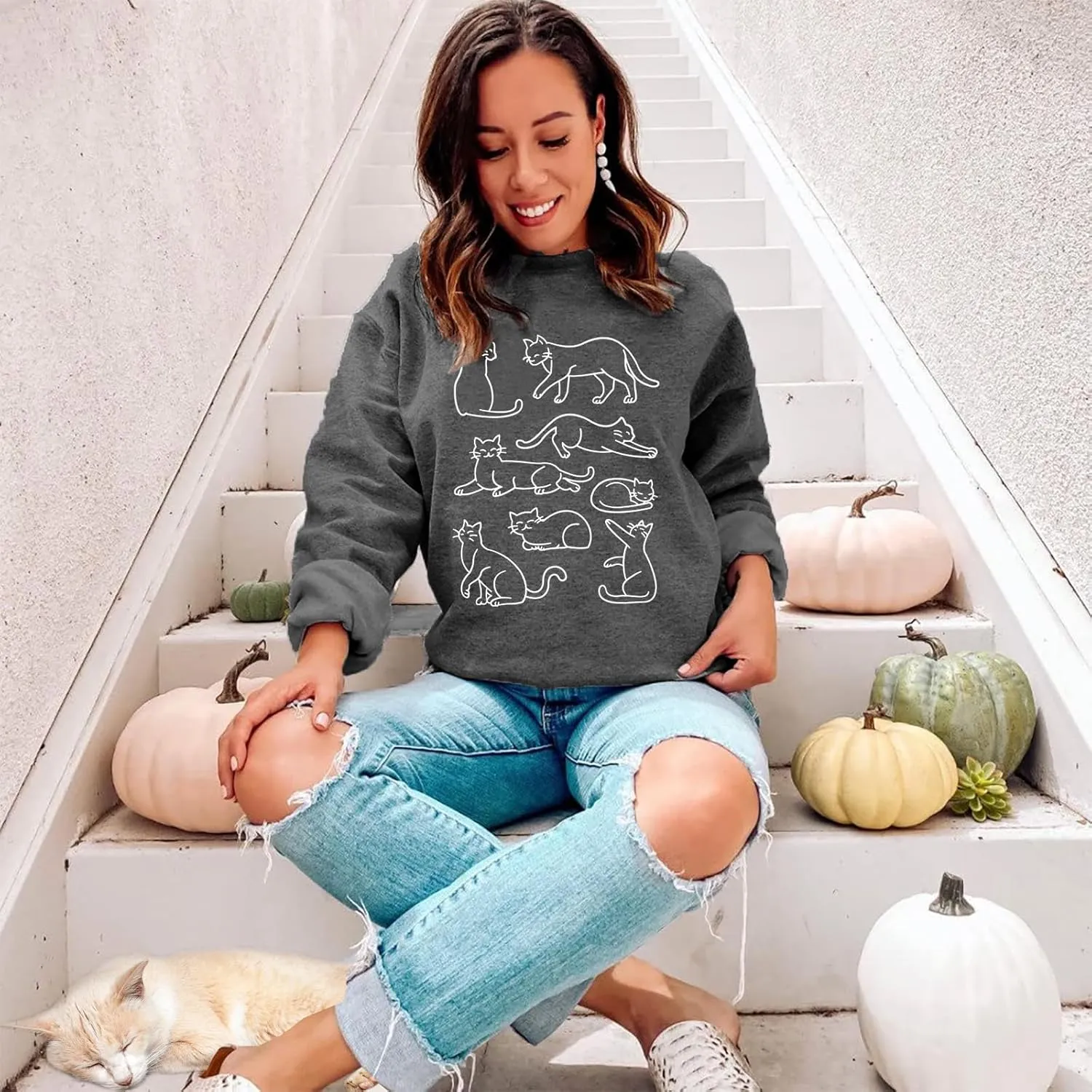 Cat Mom Women's Long Sleeve Cat Mama Letter Print Tshirt