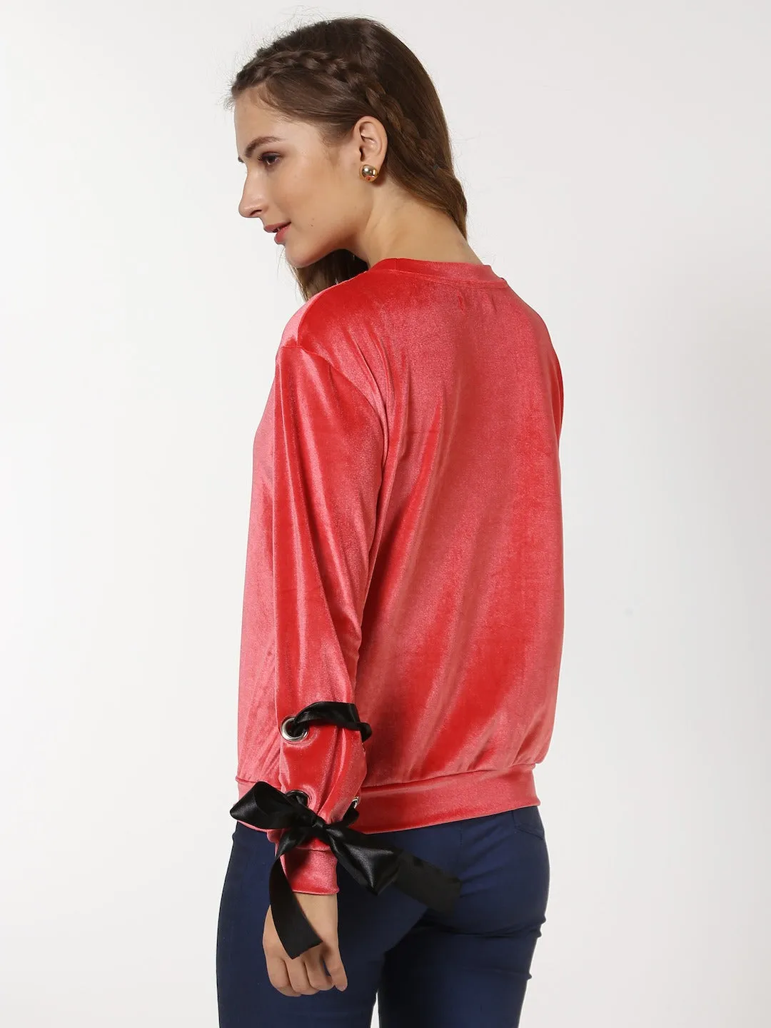 Coral Velvet Ribbon Eyelet Sweatshirt