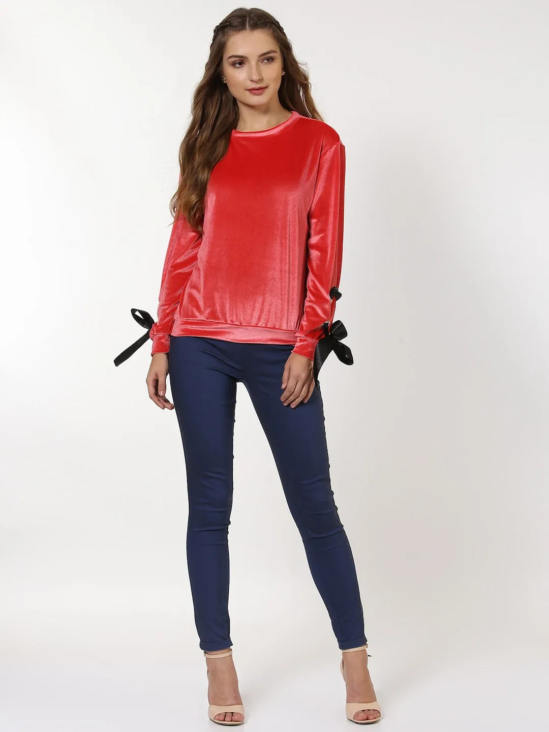 Coral Velvet Ribbon Eyelet Sweatshirt