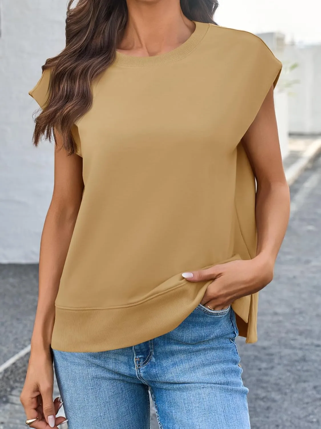 Fisoew Womens Summer Cap Sleeve Sweatshirts Casual Loose Fit Side Slit Cute Pullover Tops