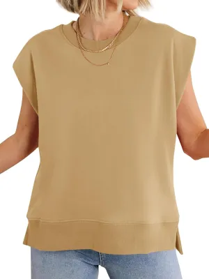 Fisoew Womens Summer Cap Sleeve Sweatshirts Casual Loose Fit Side Slit Cute Pullover Tops