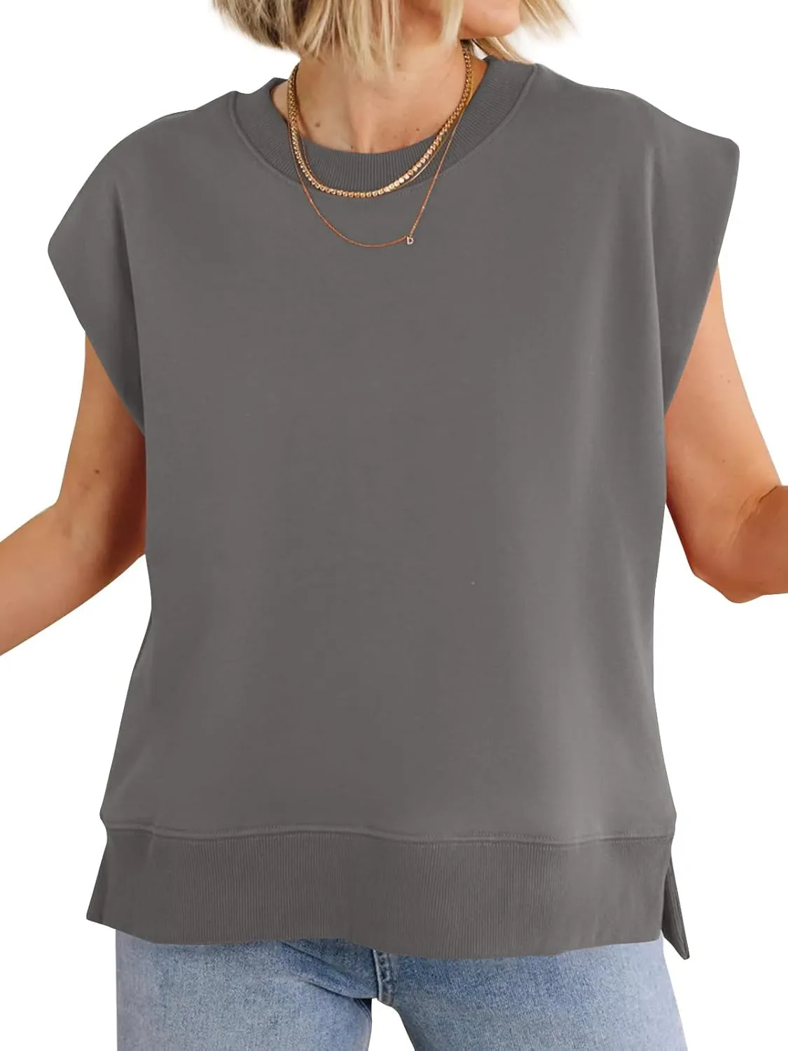 Fisoew Womens Summer Cap Sleeve Sweatshirts Casual Loose Fit Side Slit Cute Pullover Tops
