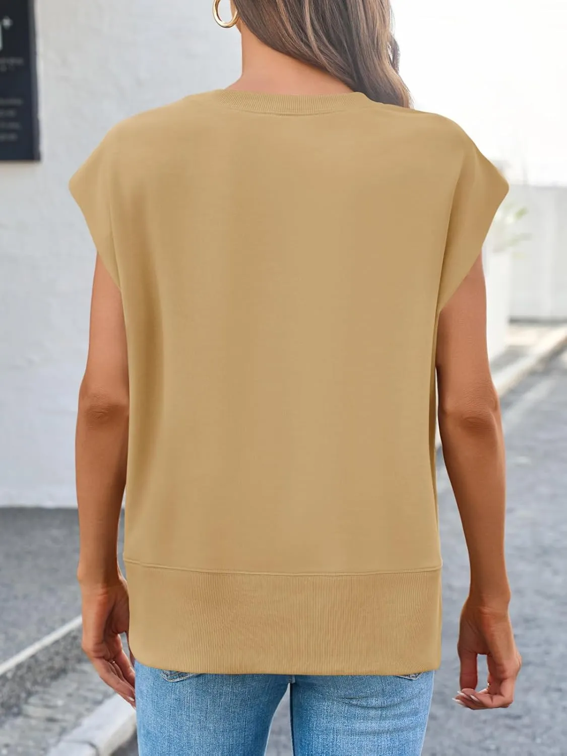 Fisoew Womens Summer Cap Sleeve Sweatshirts Casual Loose Fit Side Slit Cute Pullover Tops