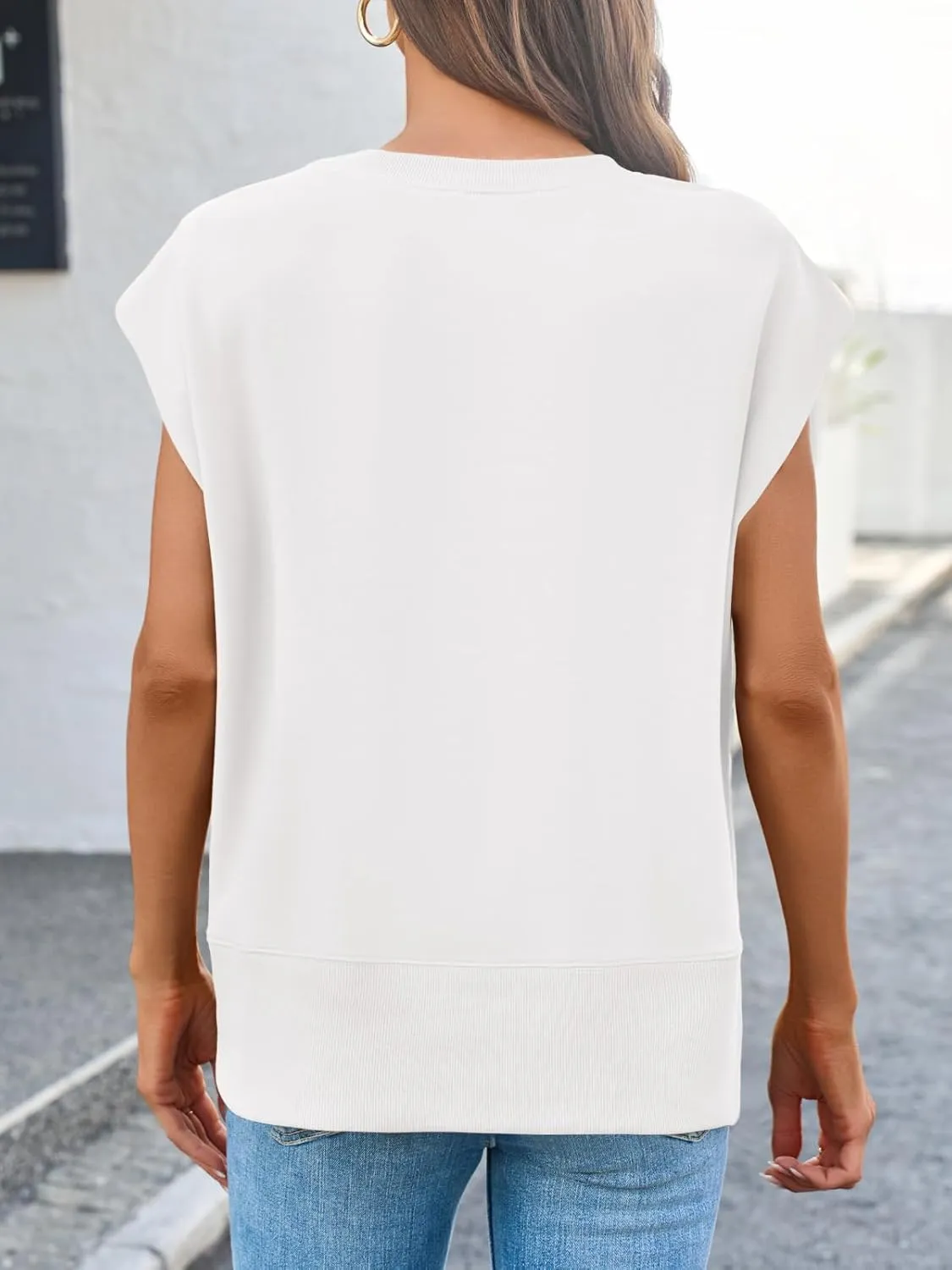 Fisoew Womens Summer Cap Sleeve Sweatshirts Casual Loose Fit Side Slit Cute Pullover Tops