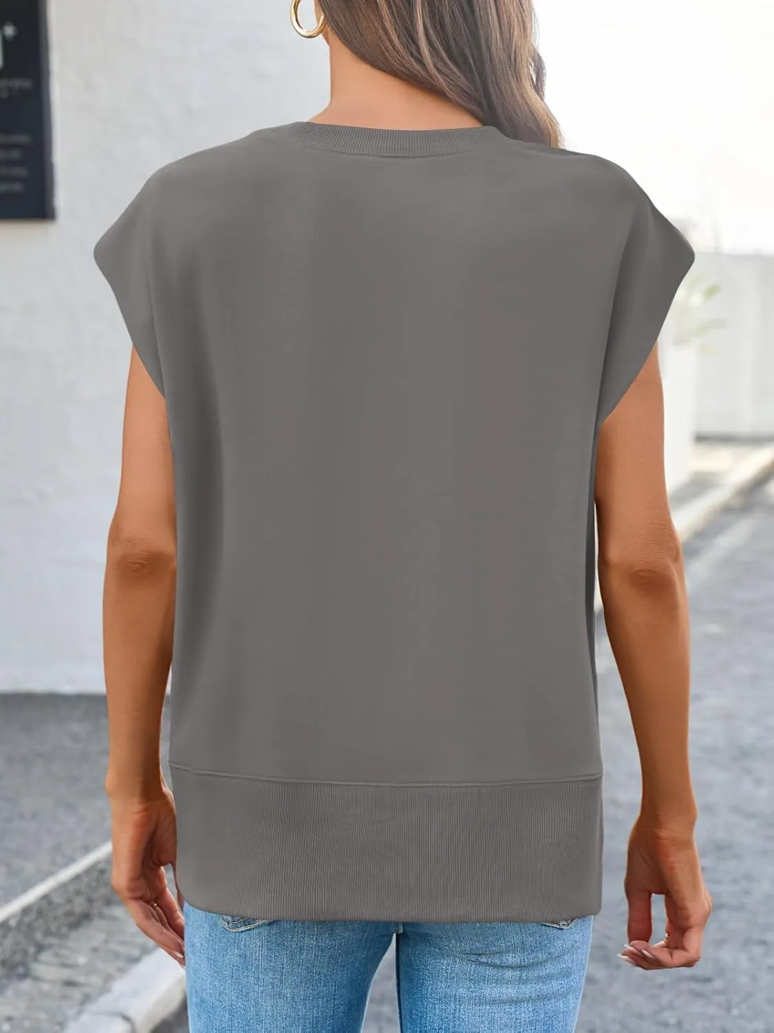 Fisoew Womens Summer Cap Sleeve Sweatshirts Casual Loose Fit Side Slit Cute Pullover Tops