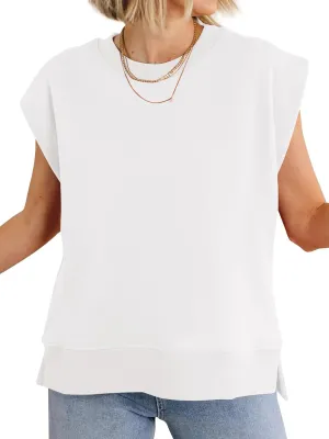 Fisoew Womens Summer Cap Sleeve Sweatshirts Casual Loose Fit Side Slit Cute Pullover Tops