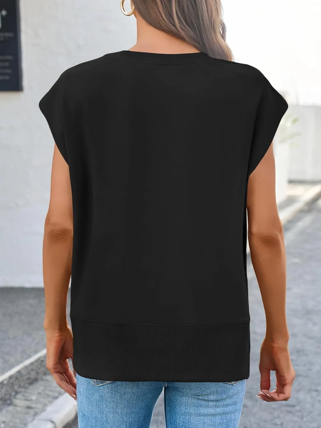 Fisoew Womens Summer Cap Sleeve Sweatshirts Casual Loose Fit Side Slit Cute Pullover Tops