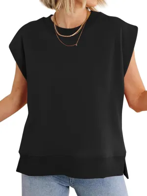 Fisoew Womens Summer Cap Sleeve Sweatshirts Casual Loose Fit Side Slit Cute Pullover Tops