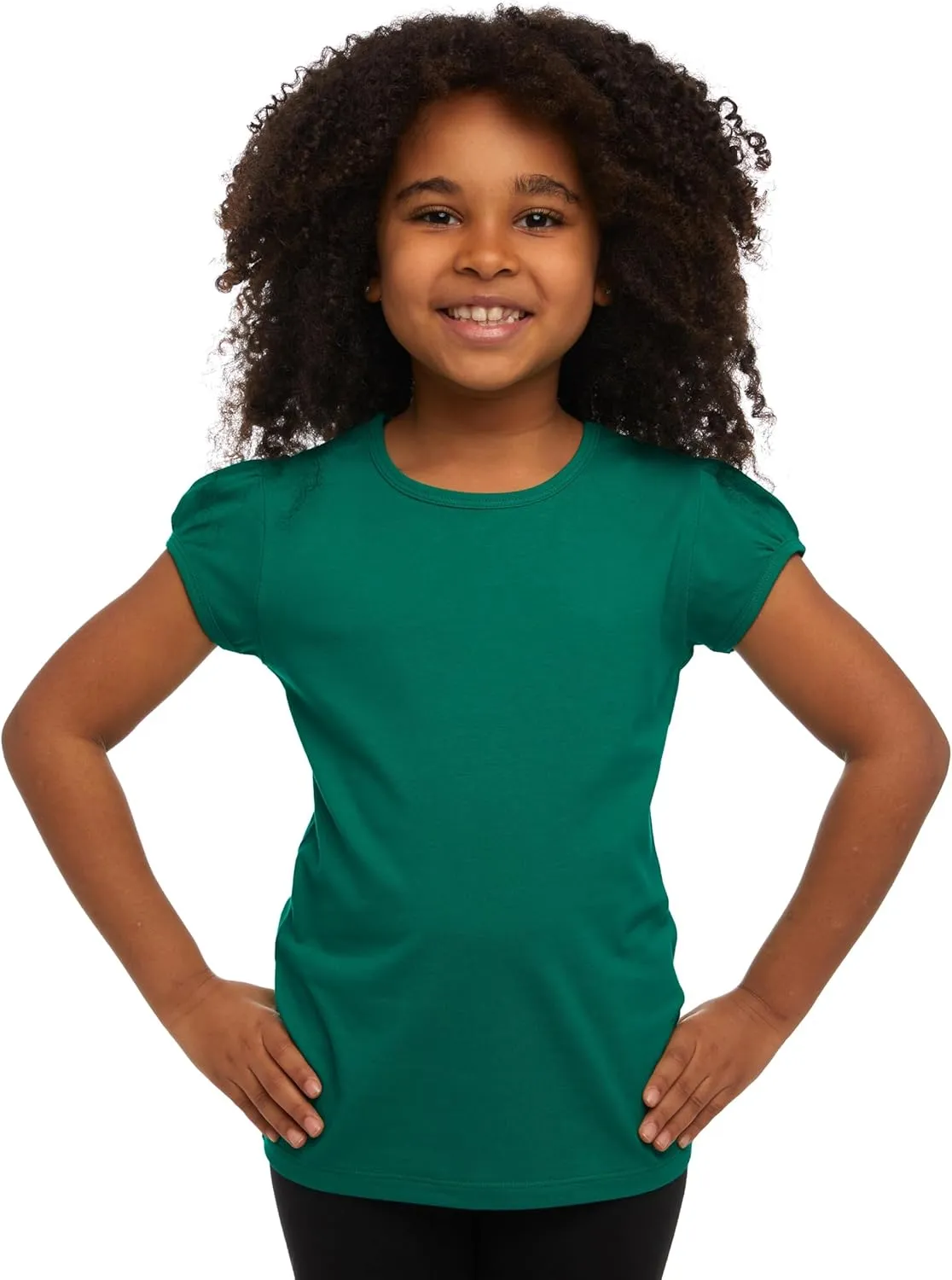 Girls Basic Short Puff Sleeve Round Neck T-Shirt, Turkish Cotton Round Neck Tee Tops