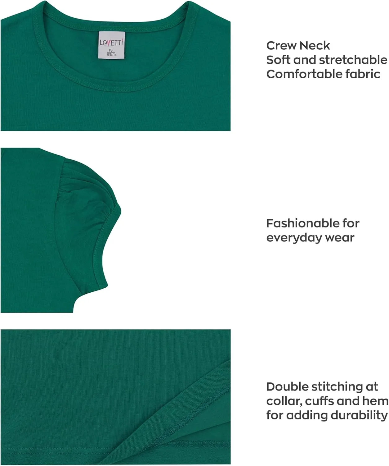 Girls Basic Short Puff Sleeve Round Neck T-Shirt, Turkish Cotton Round Neck Tee Tops