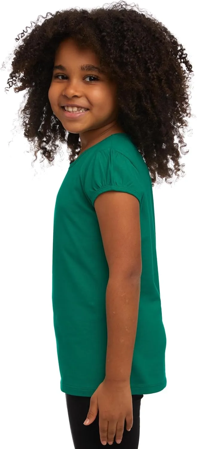 Girls Basic Short Puff Sleeve Round Neck T-Shirt, Turkish Cotton Round Neck Tee Tops