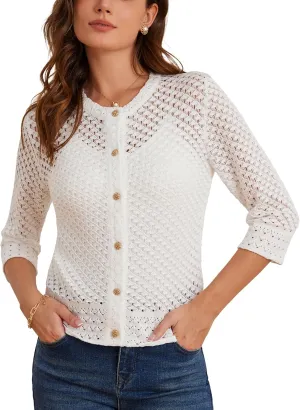 GRACE KARIN Women 3/4 Sleeve Crochet Cardigan 2025 Summer Cardigan Sweater Hollow Out Lightweight Gold Button Cardigan