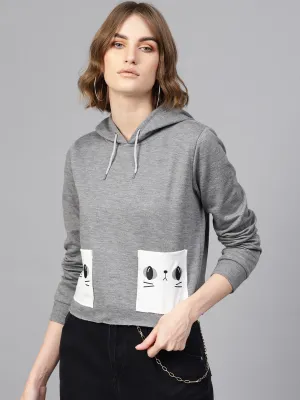 Grey Printed Pocket Crop Hoodie