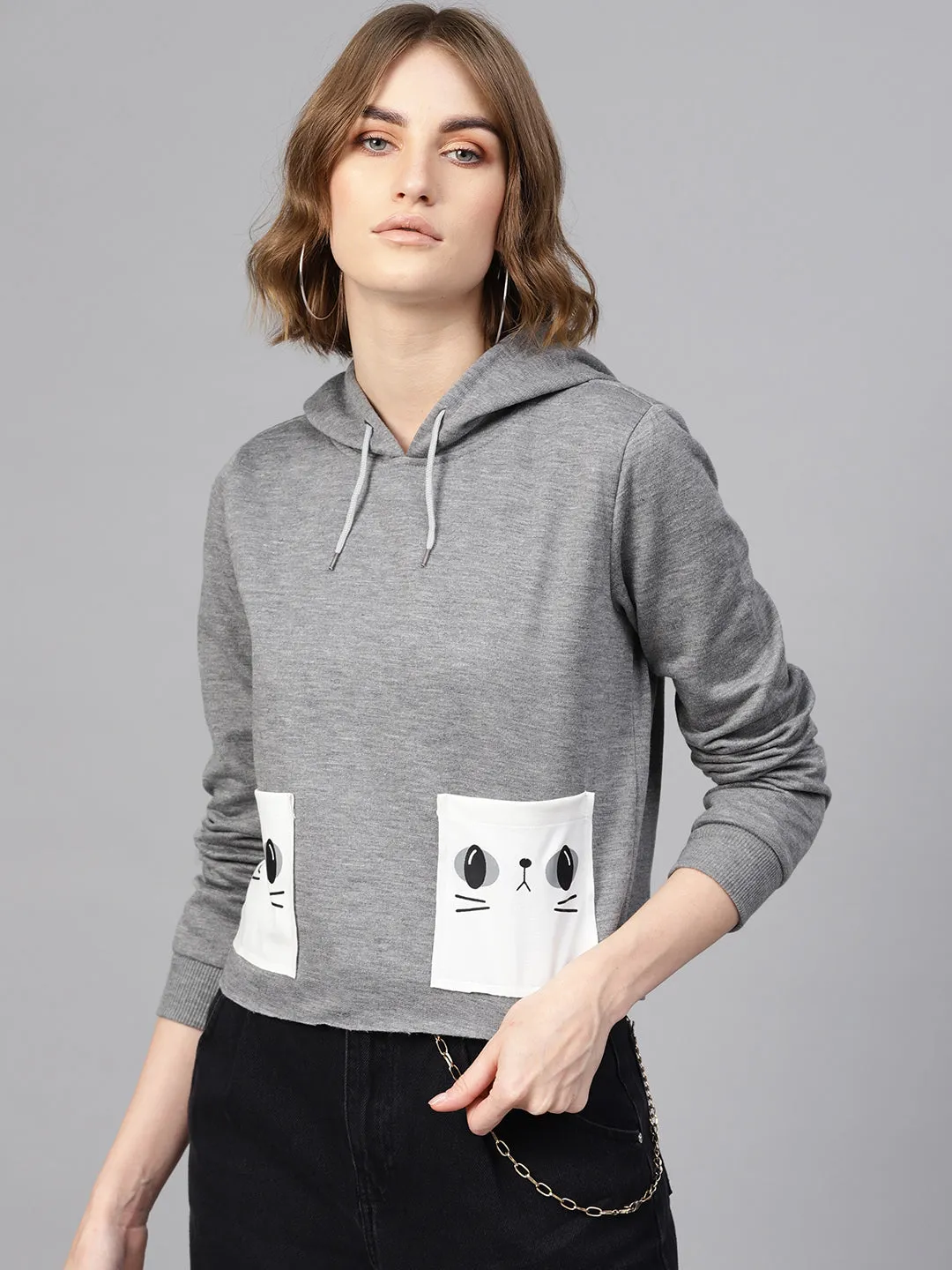 Grey Printed Pocket Crop Hoodie