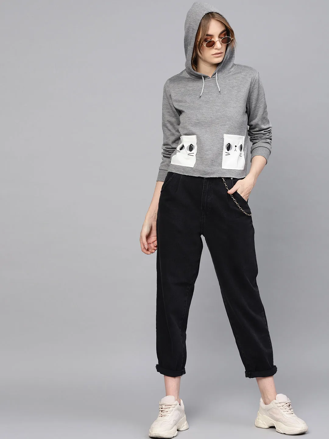 Grey Printed Pocket Crop Hoodie