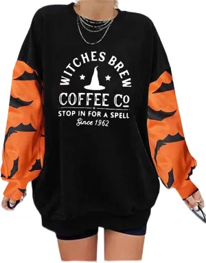 Halloween Sweatshirts for Women Witches Brew Sweatshirt Funny Spooky Season Sweatshirt Ghost Fall Sweater Pullover Tops