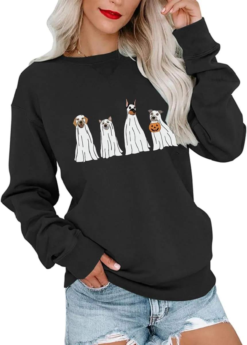 Halloween Sweatshirts Women Fall Pumpkin Spooky Season Sweatshirt Holiday Crew Neck Pullover Tops
