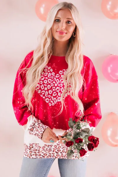Heart Leopard Round Neck Sweatshirt