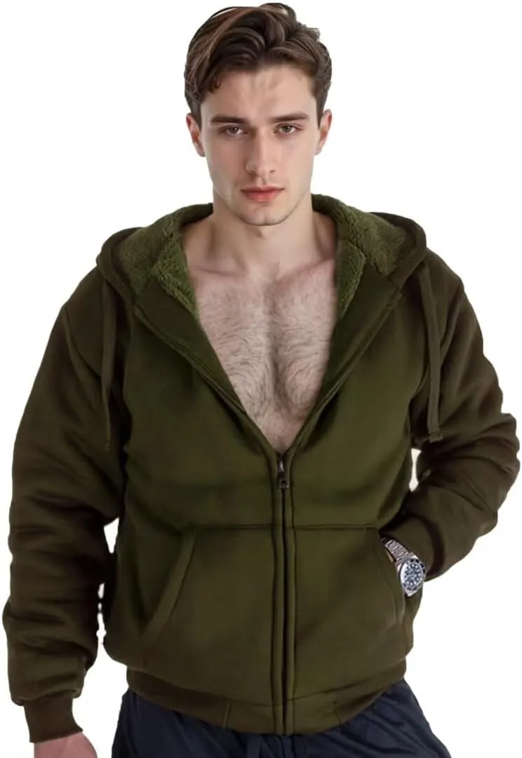 Heavyweight Sherpa Mens Zip Up Hoodie Thick Fleece Full-Zip Winter Hooded Jacket Fashion Pullover Sweatshirt