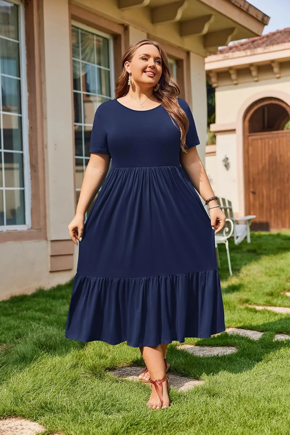 IN'VOLAND Women Plus Size Short Sleeve Dress Loose Plain Casual Summer Flowy Tiered Long Maxi Dresses with Pockets