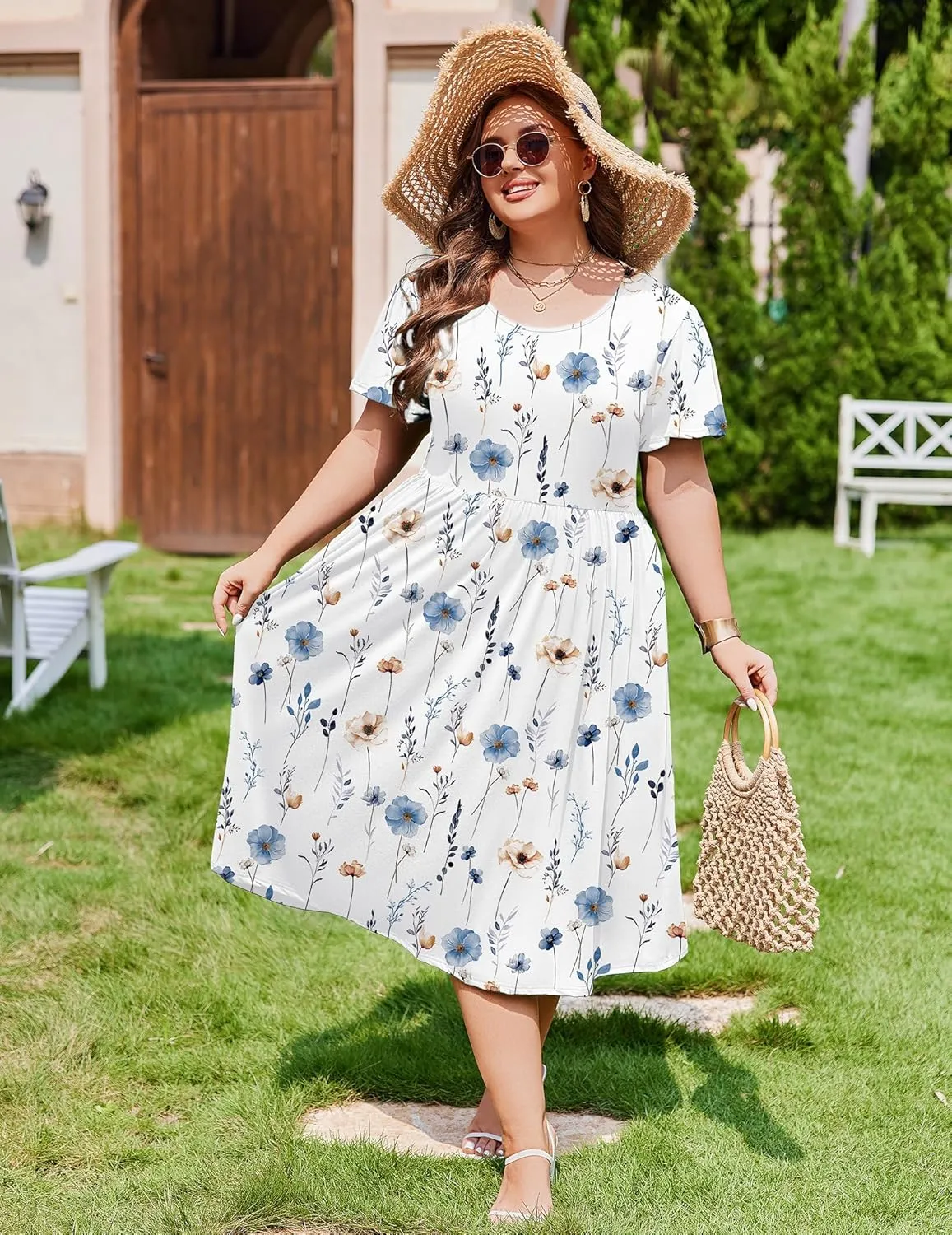 IN'VOLAND Women Plus Size Short Sleeve Dress Loose Summer Casual A-Line Flowy Midi Dresses with Pockets