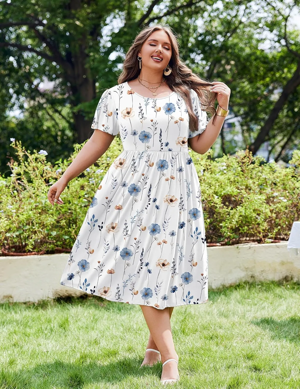 IN'VOLAND Women Plus Size Short Sleeve Dress Loose Summer Casual A-Line Flowy Midi Dresses with Pockets