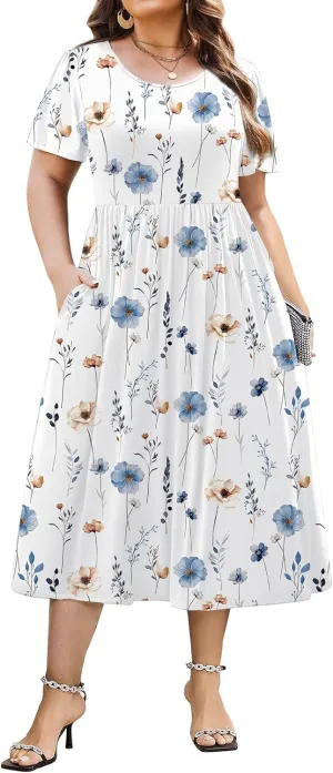 IN'VOLAND Women Plus Size Short Sleeve Dress Loose Summer Casual A-Line Flowy Midi Dresses with Pockets