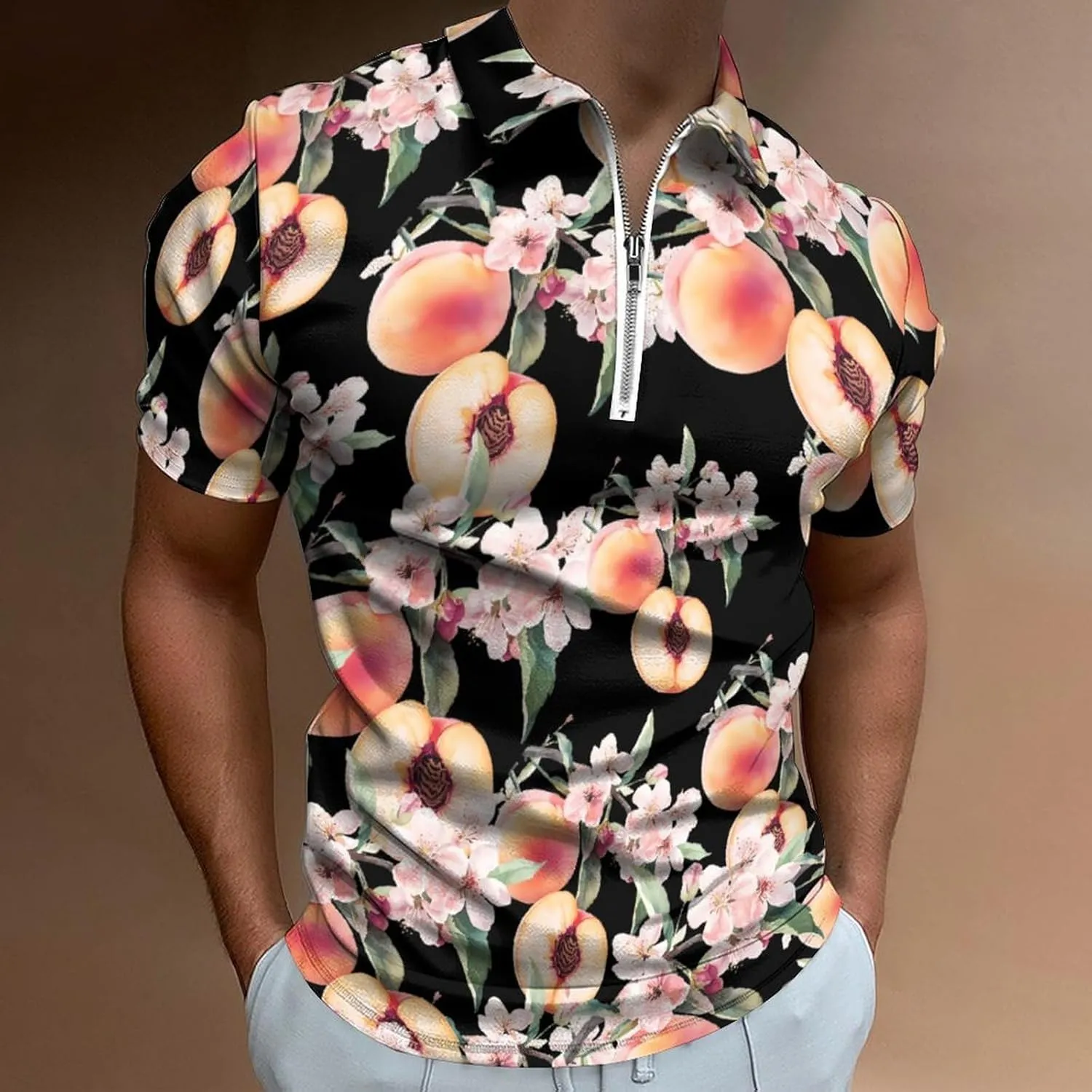 Just Peachy Trendy Polo Shirts for Men Short Sleeve Lapel Collar Zipper T-Shirts Outdoor Sports
