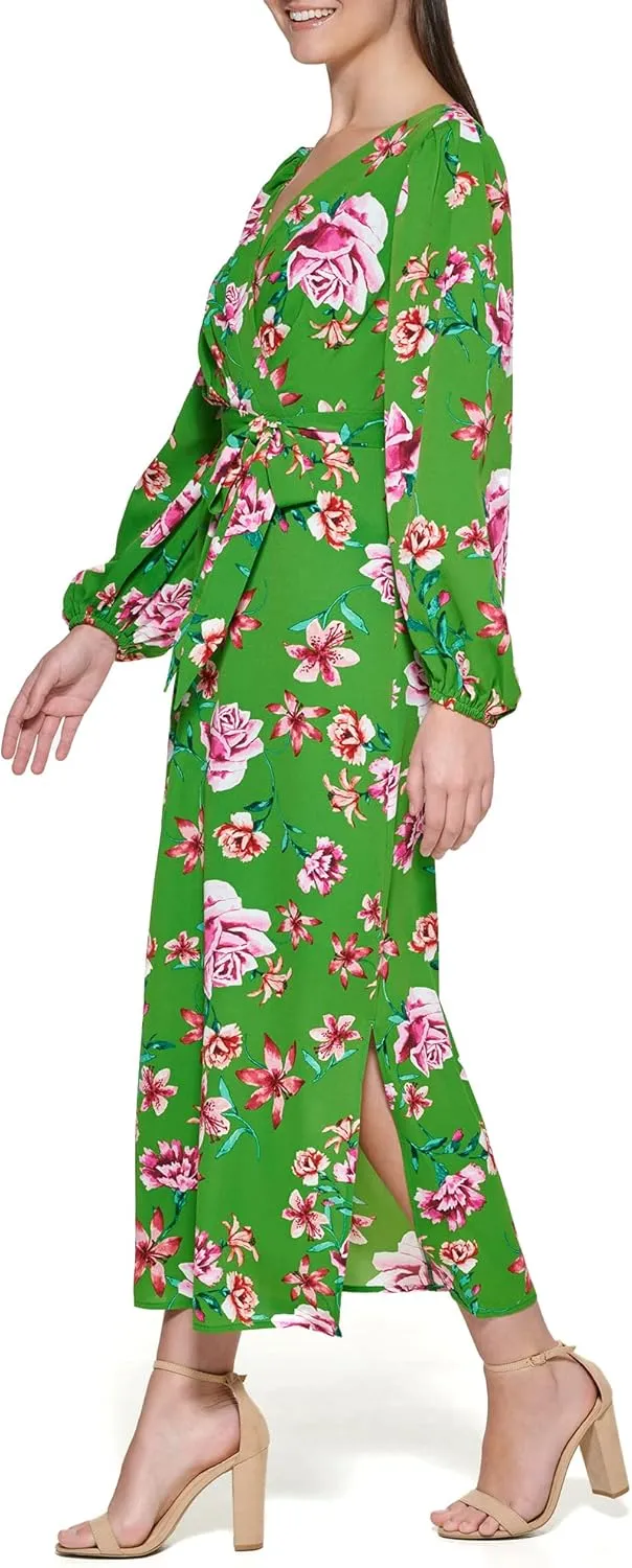 kensie Women's Balloon Sleeve Tie Waist Maxi Dress