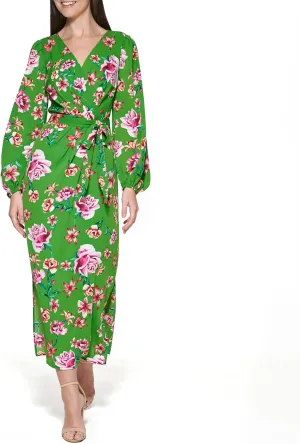 kensie Women's Balloon Sleeve Tie Waist Maxi Dress