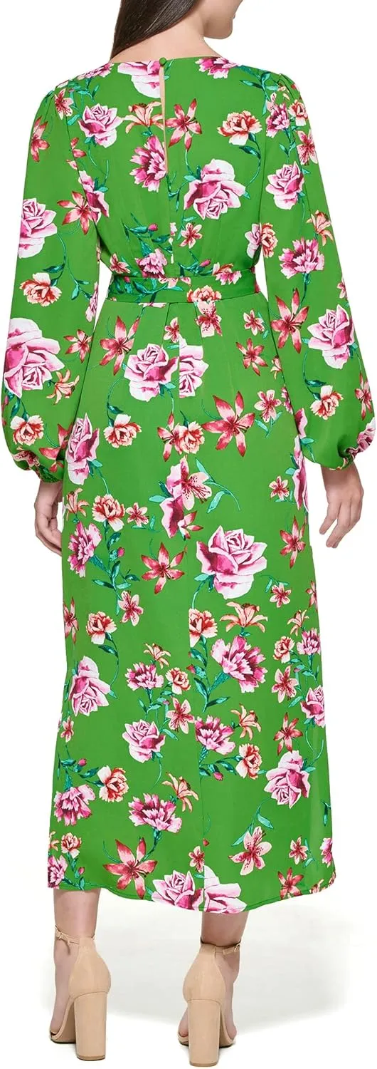 kensie Women's Balloon Sleeve Tie Waist Maxi Dress