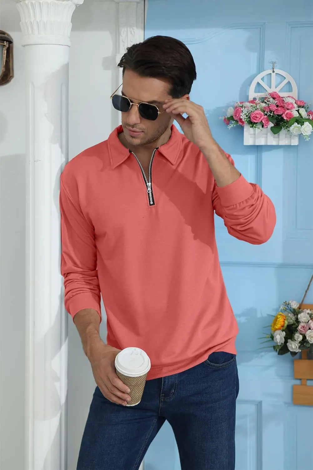 Lexiart Mens Long Sleeve Polo Shirts-Casual Thermal Loose Fit Pullover Quarter Zip Sweatshirts